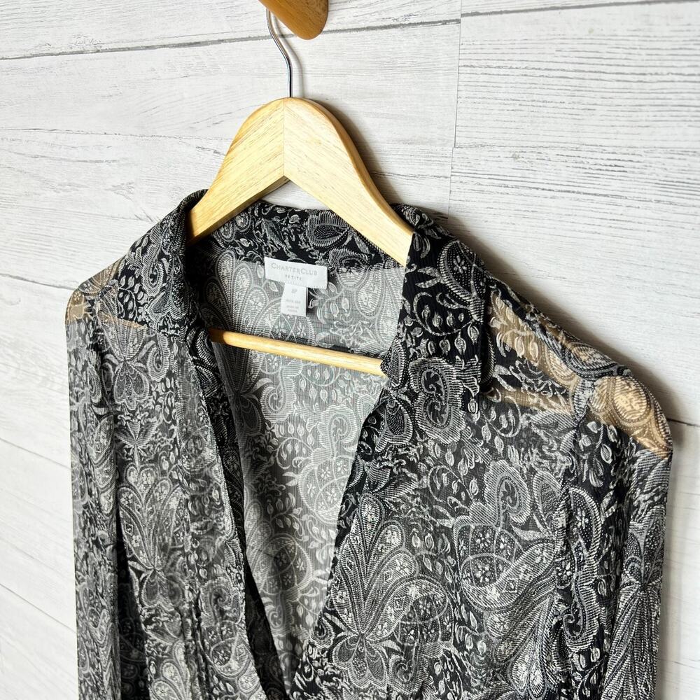 Charter Club Blouse Womens Size 8P Black Sheer Paisley Floral 100% Silk Goth - Picture 10 of 16